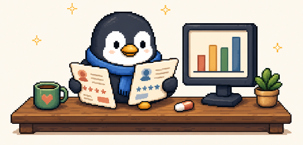 Pixel-art penguin comparing patient review cards with a chart