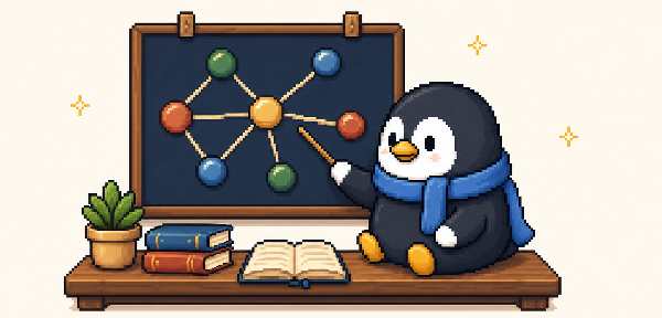 Pixel-art penguin mapping connected ideas on a research board