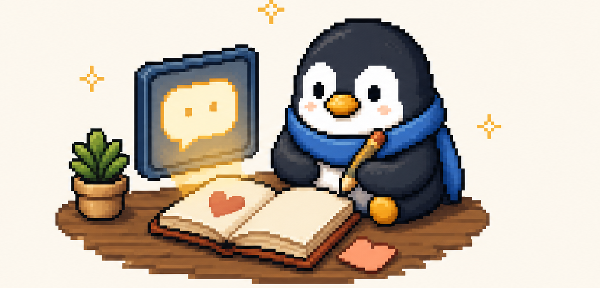Pixel-art penguin journaling beside an AI chat screen